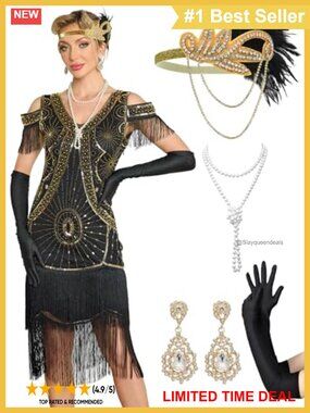 1920s Flapper Sequin Fringe Dress 8-Piece Costume Set with Accessories